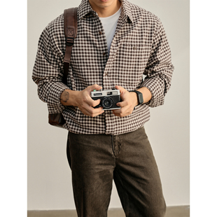 LUUD 100%纯棉雅奢老钱风毛呢衬衣外套男士加厚磨毛绒格纹衬衫潮