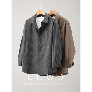 LUUD翻领格纹撞色贴布口袋寸衣内搭外穿长袖 抗皱免烫潮男外套 衬衫