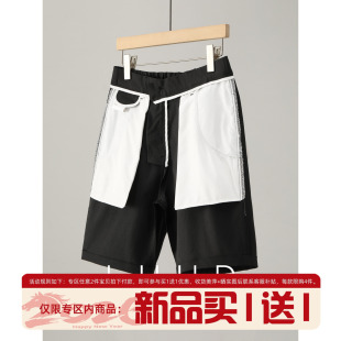 饰半松紧腰休闲中裤 LUUD 小标签装 男夏季 格纹肌理感直筒五分短裤