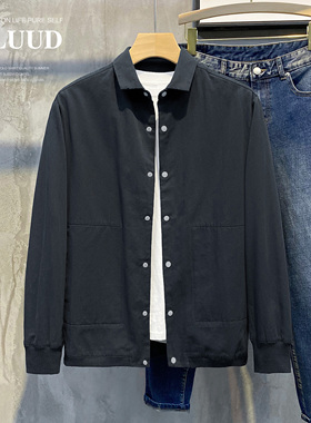 LUUD 春秋潮男百搭纯棉薄款外套休闲翻领净色单排扣简约夹克衬衣