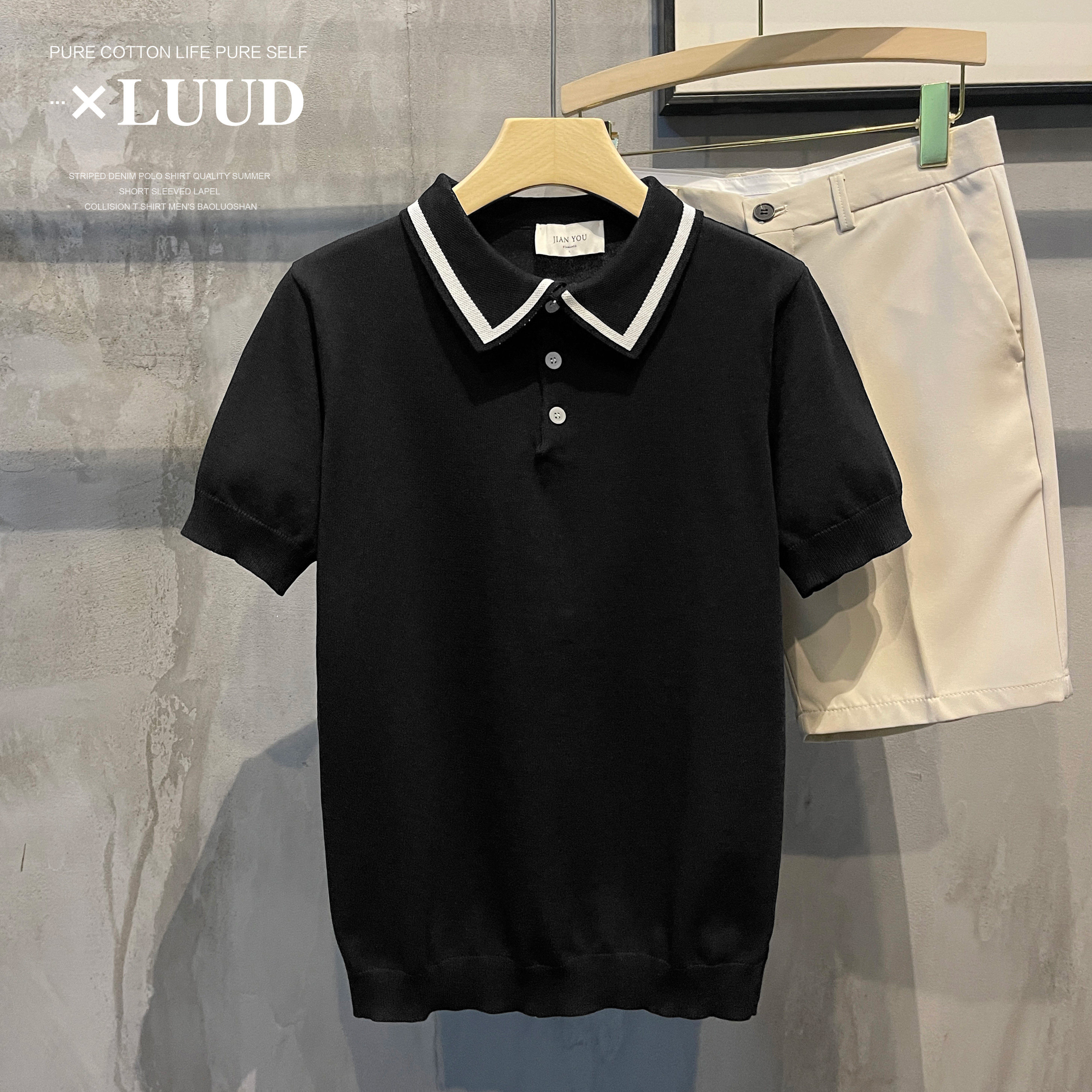 LUUD 轻奢复古修身翻领针织polo衫男士韩版仿亚麻面料短袖衫上衣