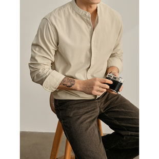 LUUD 极简复古灯芯绒中式立领衬衣文艺绅士卷袖设计垂坠衬衫男