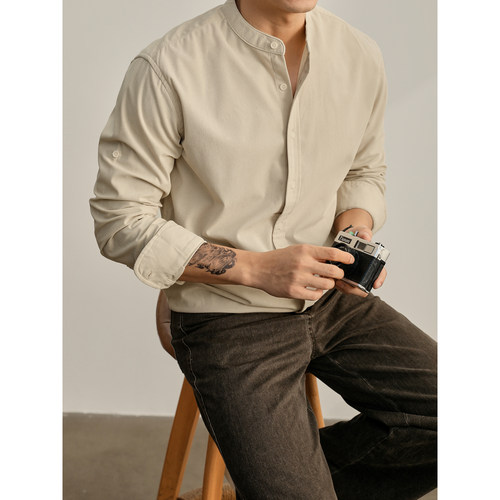 LUUD 极简复古灯芯绒中式立领衬衣文艺绅士卷袖设计垂坠衬衫男