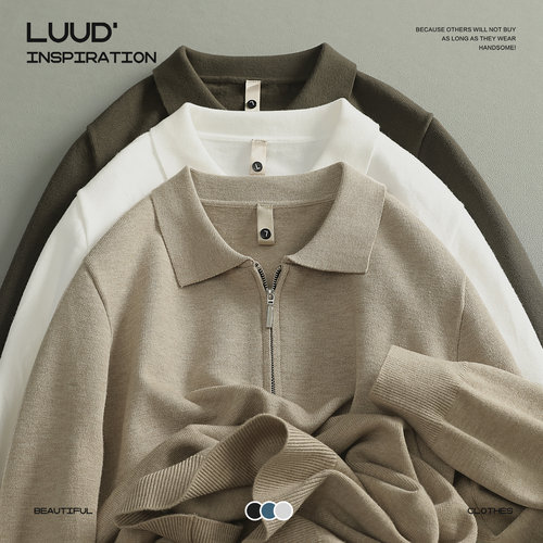 LUUD 轻商务翻领毛衣男莫代尔保暖修身半拉链针织衫Polo打底衫冬