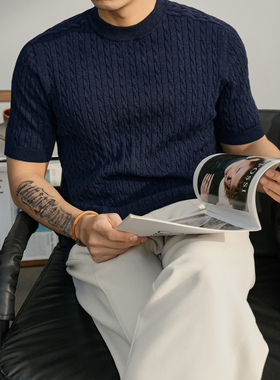 LUUD 高级感麻花纹理针织T恤衫男士亲肤含羊毛上衣夏季时尚短袖衫