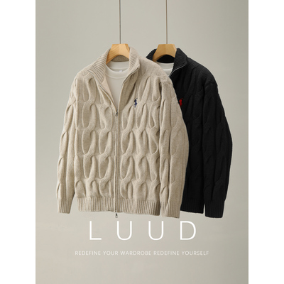 LUUD 男冬季内里夹棉羊毛混纺针织开衫立体麻花加厚重磅毛衣外套