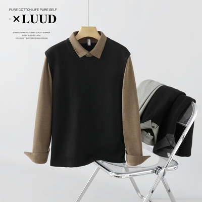 LUUD 假两件衬衫翻领毛衣男冬季潮流拼色针织衫高级感单穿毛线衣