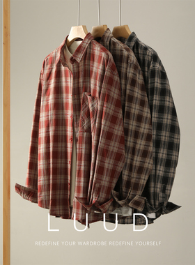 LUUD 100%纯棉长袖格子衬衫撞色翻领春秋薄外套下摆弧形怀旧寸衣