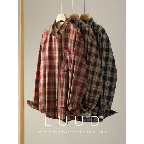 LUUD 100%纯棉长袖格子衬衫撞色翻领早秋薄外套下摆弧形怀旧寸衣