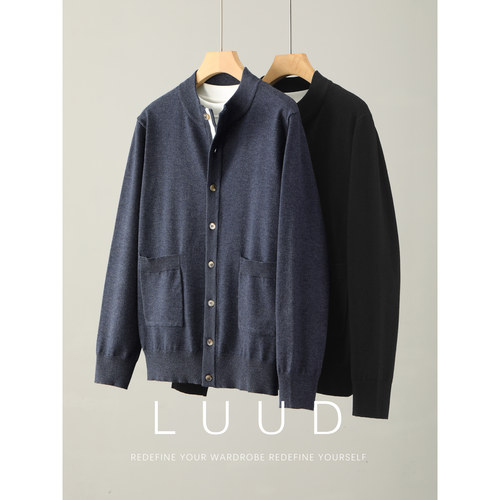 LUUD 软糯美利奴羊毛立领针织开衫男春秋季双袋贴布设计毛衣外套