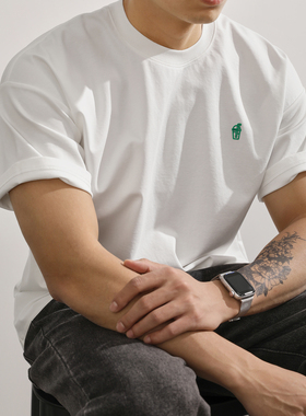 LUUD 双面原棉透气短袖T恤男生夏季落肩微宽松饮料瓶压胶印花上衣