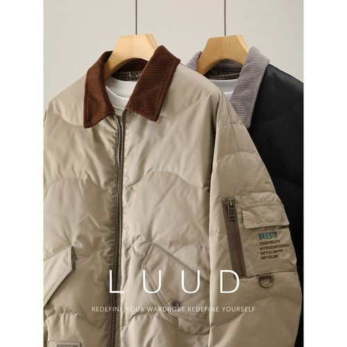 LUUD 功能性多口袋灯芯绒翻领拼接羽绒服男冬保暖90鸭绒工装外套