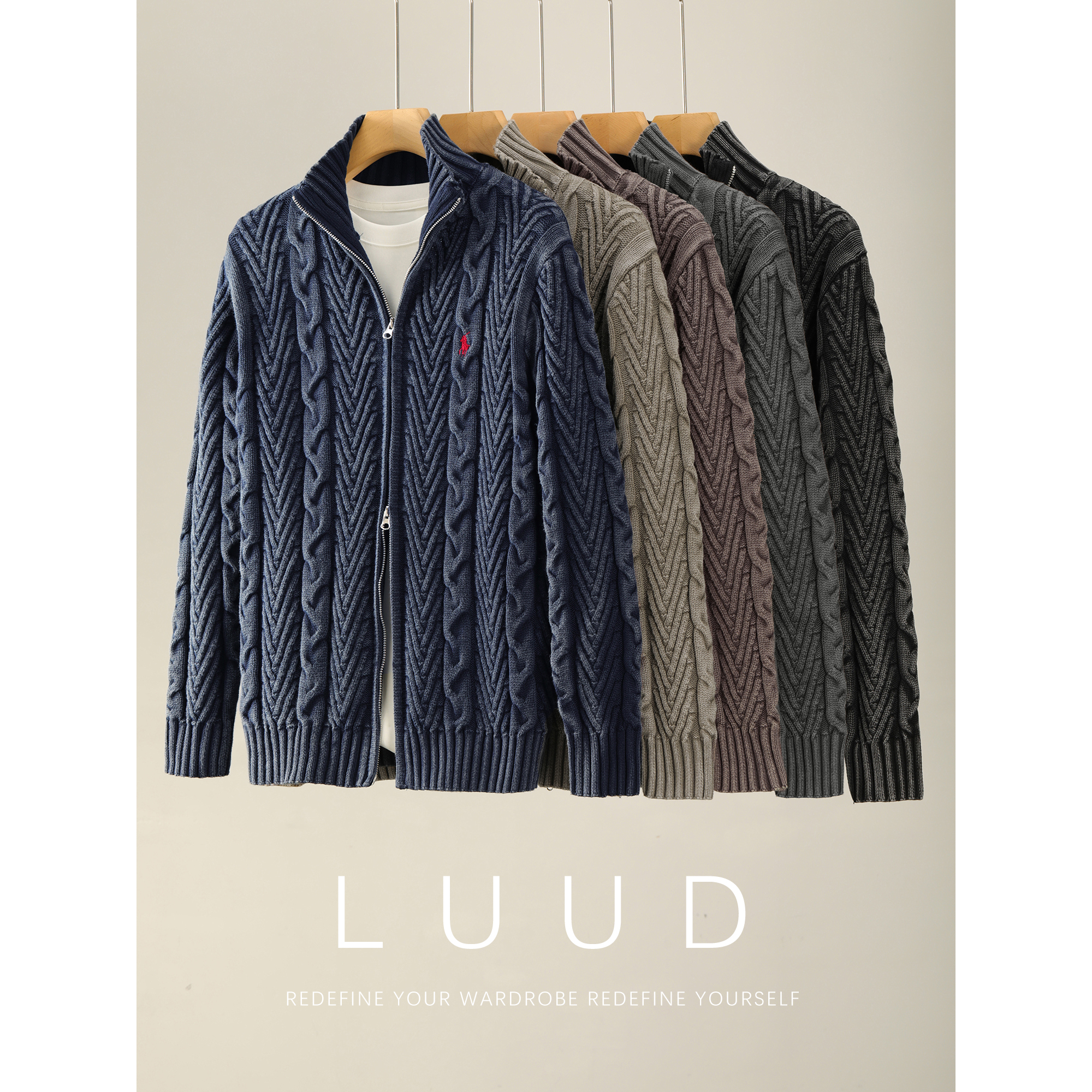 LUUD 老钱风绞花肌理纯棉针织开衫男渐染水磨刺绣双拉链毛衣外套