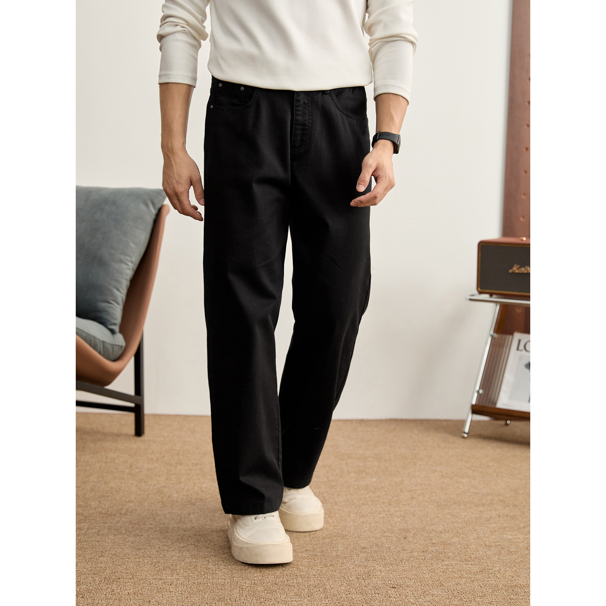 LUUD 简约通勤内里磨毛保暖休闲裤冬季斜纹肌理半松紧腰直筒裤男