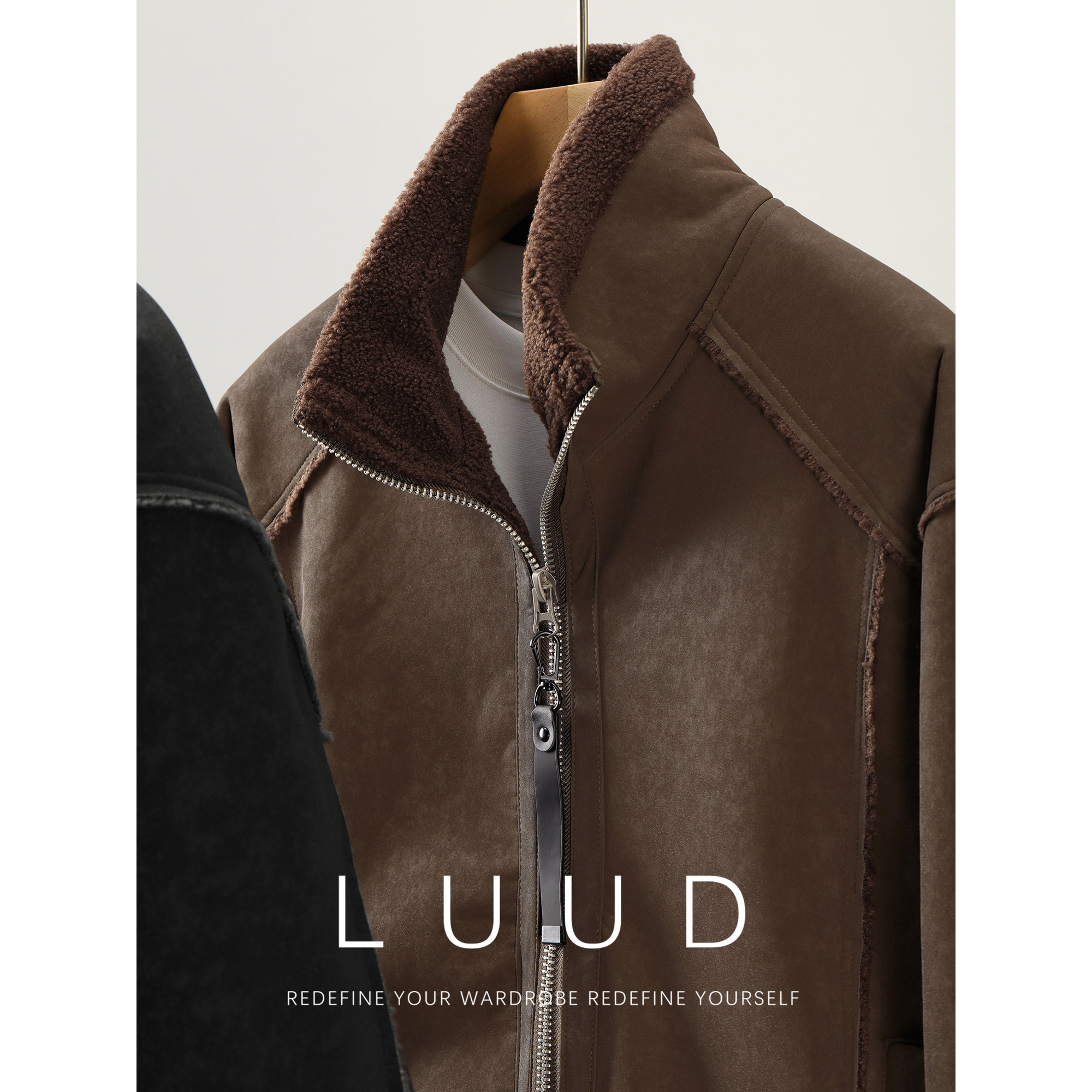 LUUD 羊羔绒内里哈灵顿麂皮绒夹克加厚重磅皮毛一体切割设计外套