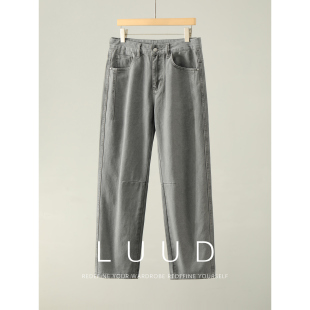 男秋冬分割拼接工艺纯色直筒休闲裤 LUUD 灰调做旧质感洗水牛仔裤