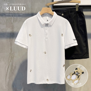LUUD 潮男新款趣味小熊刺绣POLO短袖上衣英伦流行休闲翻领保罗衫