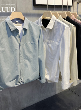 LUUD 春新款净色简约翻领衬衫男士修身长袖衬衣休闲百搭外穿上衣