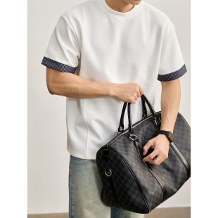 解构分割设计MIU系风休闲T恤男夏 圆领短袖 LUUD 撞色格纹拼接卷袖