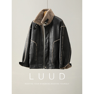LUUD 加绒加厚防寒皮衣外套 复古痞帅皮毛一体机车风棉服夹克冬季