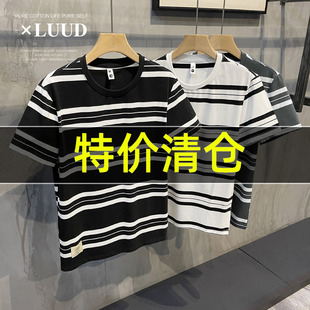 特价 青春文艺范黑白条纹短袖T恤衫韩版潮流男生休闲圆领上衣体恤