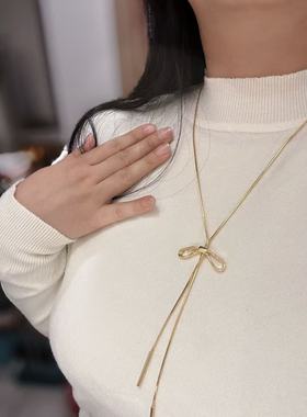 2025年秋冬长款真金电镀蝴蝶结毛衣项链高级感轻奢金色抽拉项链