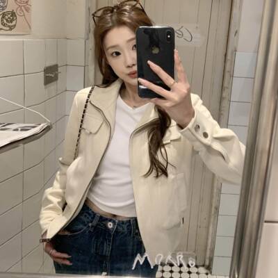 JAMUUS春秋新款白杏色麂皮外套女韩系休闲 机车夹克百搭短款上衣