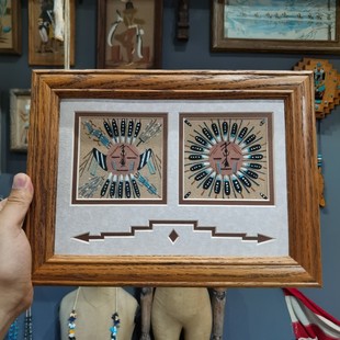 美国印第安纳瓦霍部落手工耶毕柴和太阳脸图腾美式 复古沙画墙挂件