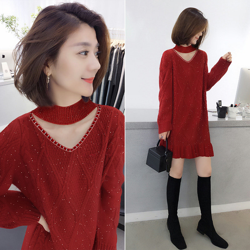 高级感法式V领红色针织连衣裙直筒毛衣裙女冬季新款2021欧洲站潮