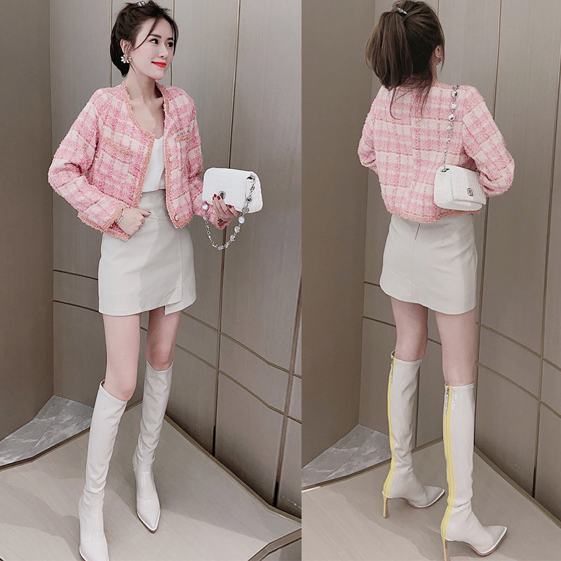 港风气质香风粉红色格子短款小个子外套欧洲站秋季女装2020新款潮