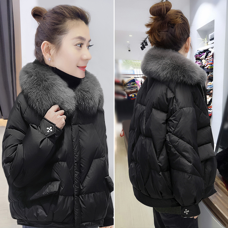 3韩版白鸭绒短款羽绒服女黑色加厚毛领外套欧洲站冬季女装2021新款
