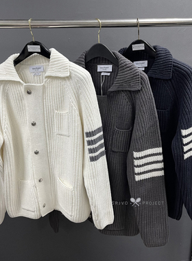 新款TB 翻领粗针四杠条纹拉链夹克款修身休闲外套毛衣