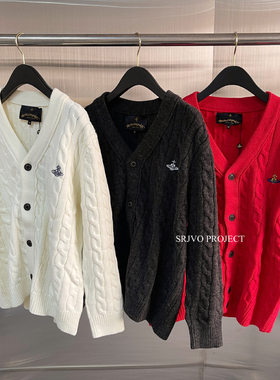 西太后土星刺绣薇薇安麻花百搭羊毛宽松慵懒风毛衣外套V领开衫