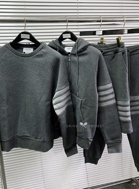 新款TB华夫格420g四杠条纹新色碳灰圆领拉链短裤长裤运动套装单卖