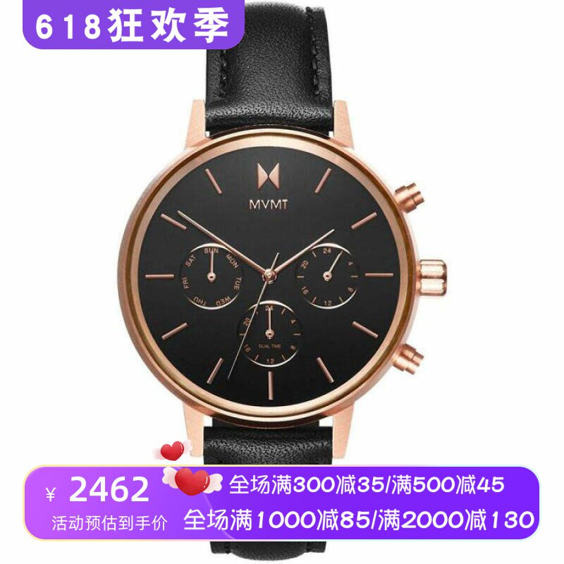 MVMT 女士手表 石英机芯 皮表带 星期双时区功能 时尚腕表防水50m
