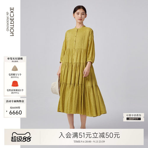 例外春夏亚麻女长袖连衣裙女装