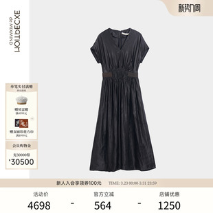 收腰A字裙子长裙 连衣裙丝麻手工立褶短袖 EXCEPTION例外女装 春夏款