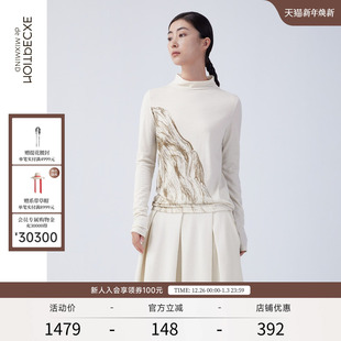 长袖 EXCEPTION例外女装 修身 丝光羊毛保暖印花图案新中式 T恤 秋冬款