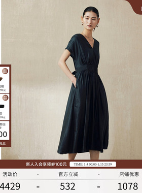 EXCEPTION例外女装亚麻桑蚕丝混纺收腰打褶设计V领气质优雅连衣裙