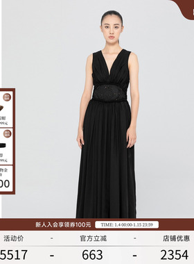 EXCEPTION例外女装春秋款天丝重工苗绣工艺A字裙气质V领连衣裙