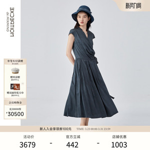 EXCEPTION例外女装春夏款连衣裙褶皱设计短袖中腰V领裙子中长裙女