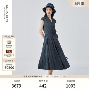 中腰V领裙子中长裙女 连衣裙褶皱设计短袖 EXCEPTION例外女装 春夏款