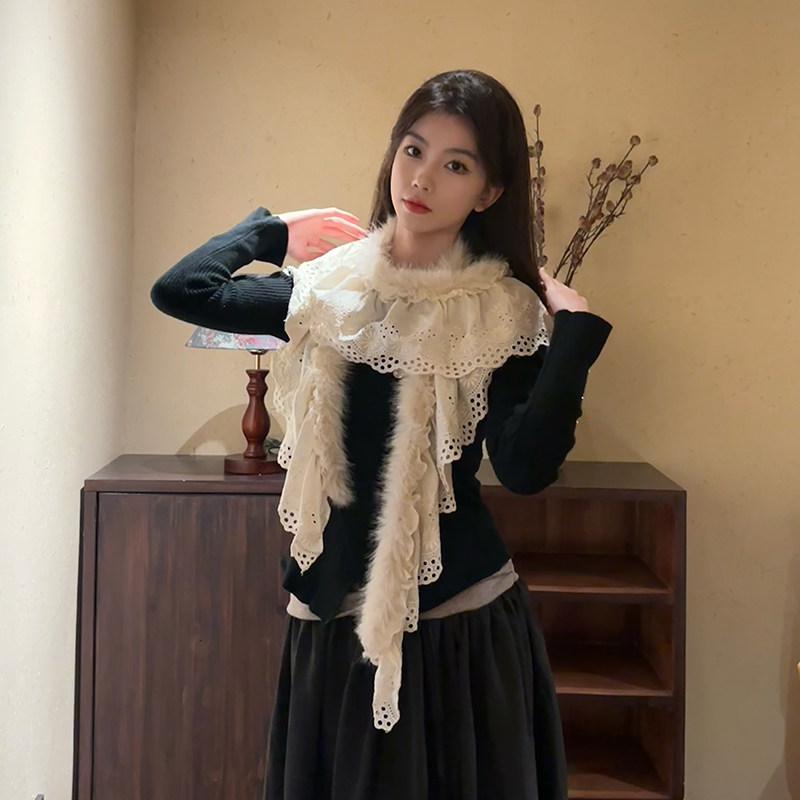 女士毛边韩版蕾丝围巾女秋冬季米白色镂空花纹保暖百搭氛围感围脖,服饰配件/皮带/帽子/围巾,围巾/丝巾/披肩,淘宝优惠券,粉丝福利购,淘宝优惠卷