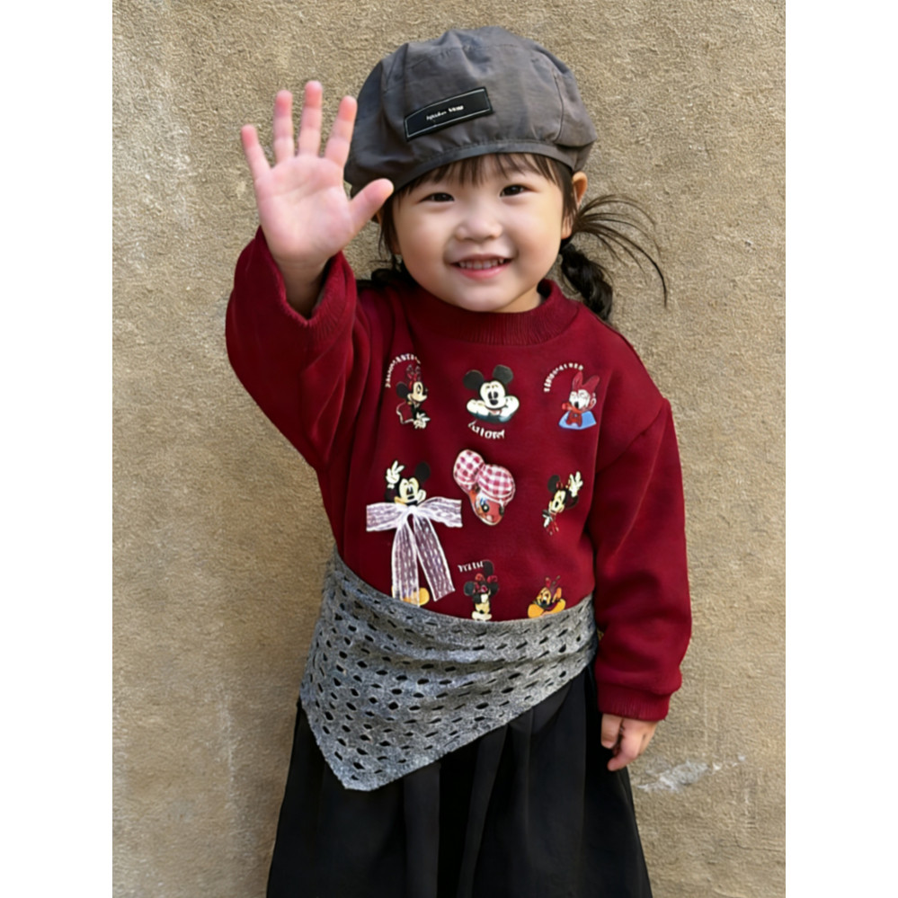 儿童卡通米奇印花卫衣女童加绒保暖圆领长袖上衣2026春季新款上衣