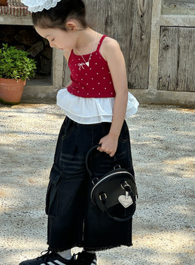 女童夏季纯棉芭蕾风红色波点3-8岁吊带儿童荷叶边上衣背心外穿