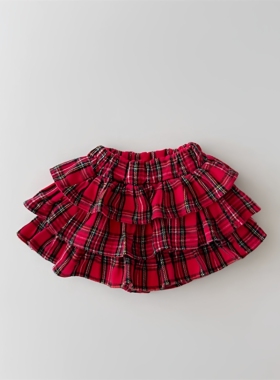 儿童宝宝甜美红色格子蛋糕裙女童高腰百褶短裙蓬蓬松紧腰半身裙潮