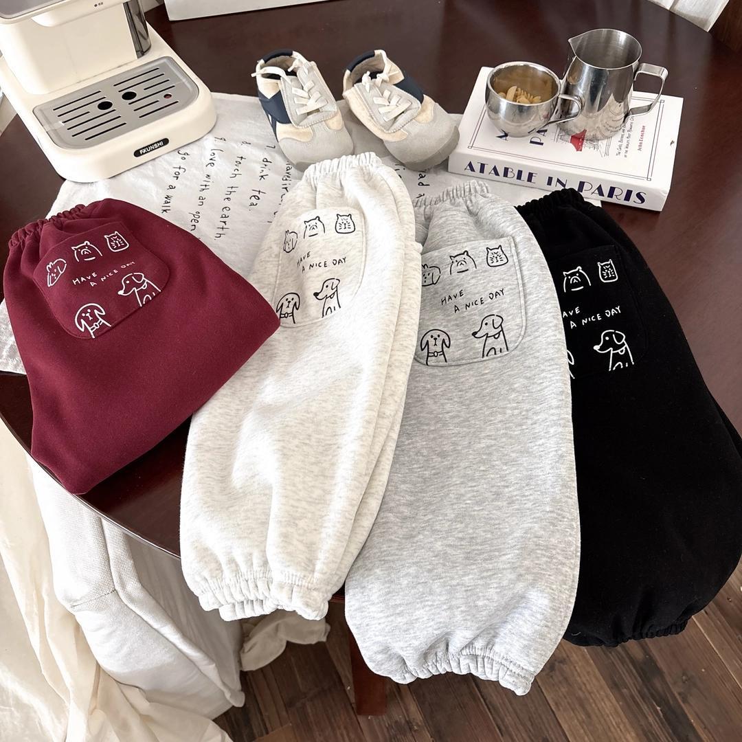 男童小狗印花加绒裤子2025秋冬新款女童宝宝百搭休闲灰色运动裤子