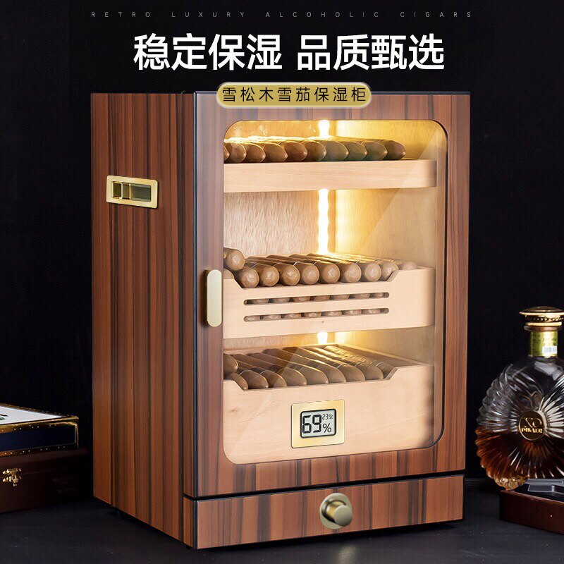 古巴雪茄盒雪松木雪茄保湿盒LED灯透窗大容量三层抽屉正品保湿柜