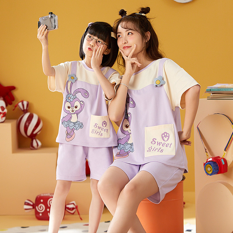 亲子睡衣女童夏季纯棉薄款女孩小学生短袖儿童家居服母女睡衣套装