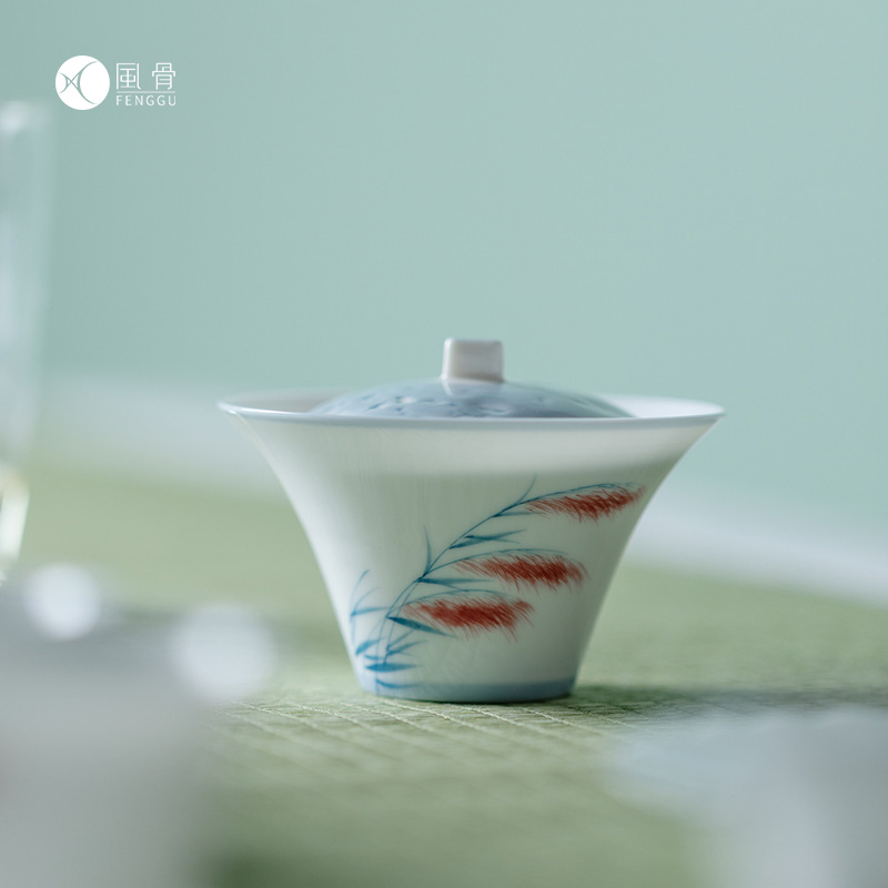 盖碗蒹葭国风手绘泡茶
